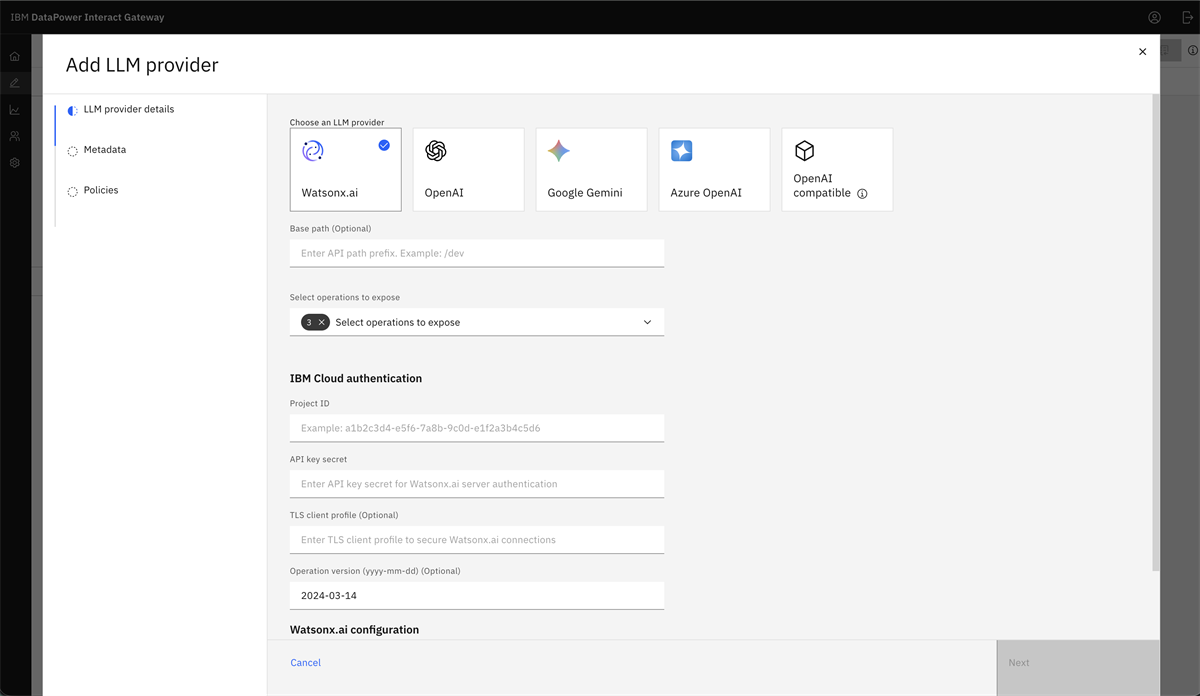 Image shows a tearsheet with a list of 5 LLMProviders whos details can be filled in through a form
